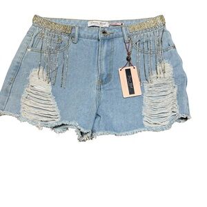 Denim Blvd. Rhinestone Fringe Distressed Frayed Western Blingy Party Shorts